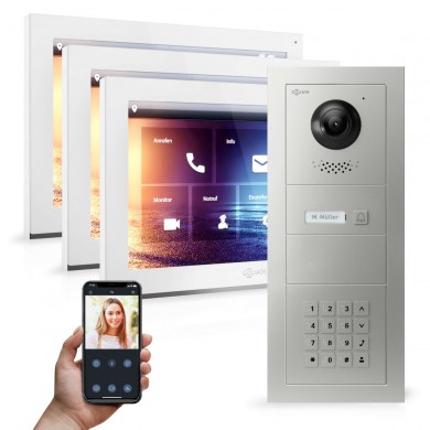 GOLIATH Hybrid IP Videotürsprechanlage - App - 1 Familienhaus - 3x 10" HD - Keypad - 180° Kamera