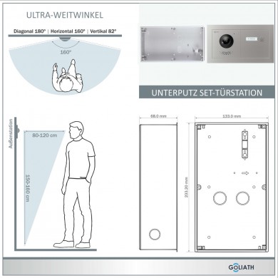 GOLIATH Hybrid IP Videotürsprechanlage - App - 1-Familie - 10 Zoll - Horizontal Unterputz - 180° Kamara