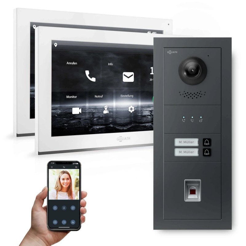 GOLIATH Hybrid IP Türsprechanlage - App - Anthrazit - 2-Fam - 2x 10" Weiß- Fingerprint - 180°