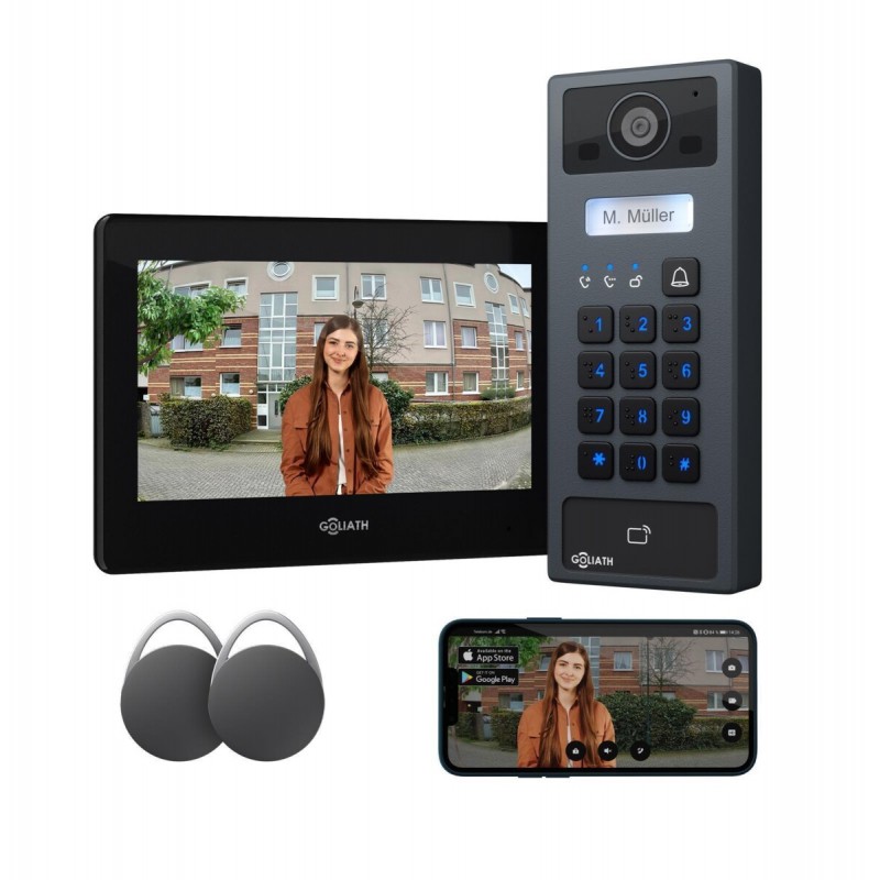 GOLIATH Basic 2-Draht BUS Türsprechanlage | FullHD | 7" Monitor | Schwarz | RFID & Keypad | Aufputz