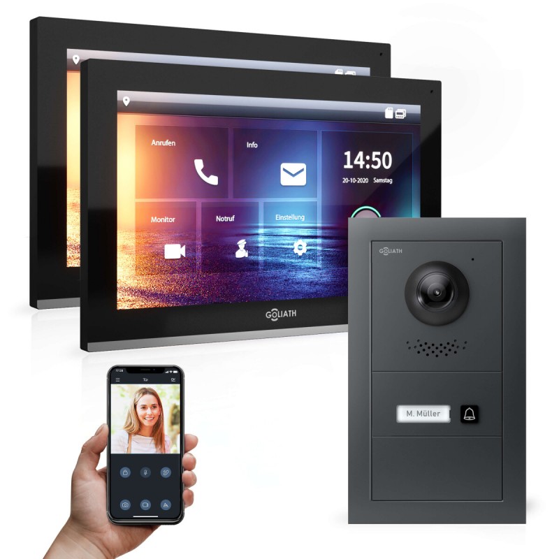 GOLIATH PRO IP Türsprechanlage mit App - 1-Familienhaus - 2x 10 Zoll- Unterputz - Anthrazit - 180°