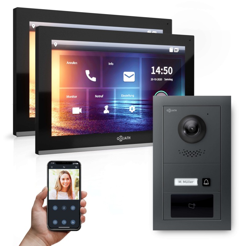 GOLIATH PRO IP Türsprechanlage - 1-Familienhaus - 2x 10 Zoll HD - Anthrazit- Unterputz - 180 Grad - RFID