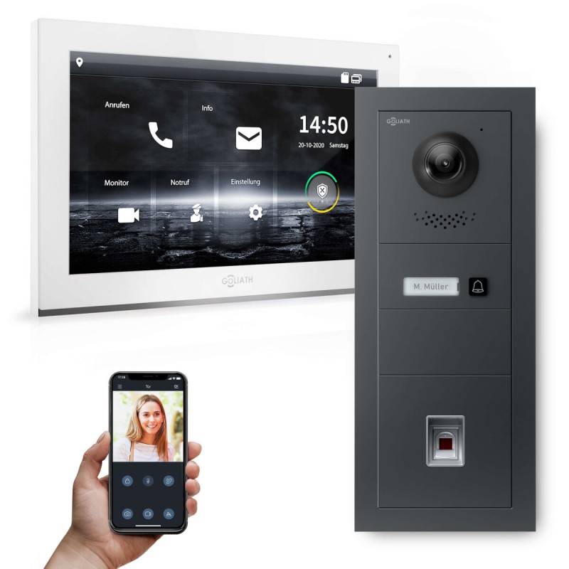 GOLIATH PRO IP Türsprechanlage -  1-Familienhaus – 10 Zoll HD - Fingerprint- Anthrazit - Unterputz - 180°