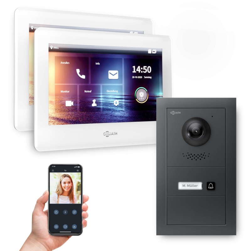 GOLIATH PRO IP Türsprechanlage mit App - 1-Familienhaus - 2x 7 Zoll-  Unterputz- Anthrazit -180°