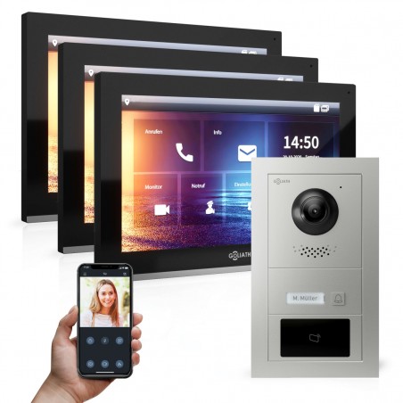GOLIATH Hybrid IP Gegensprechanlage - App - 1-Familien - 3x 10" HD - RFID - Unterputz - 180° Kamera